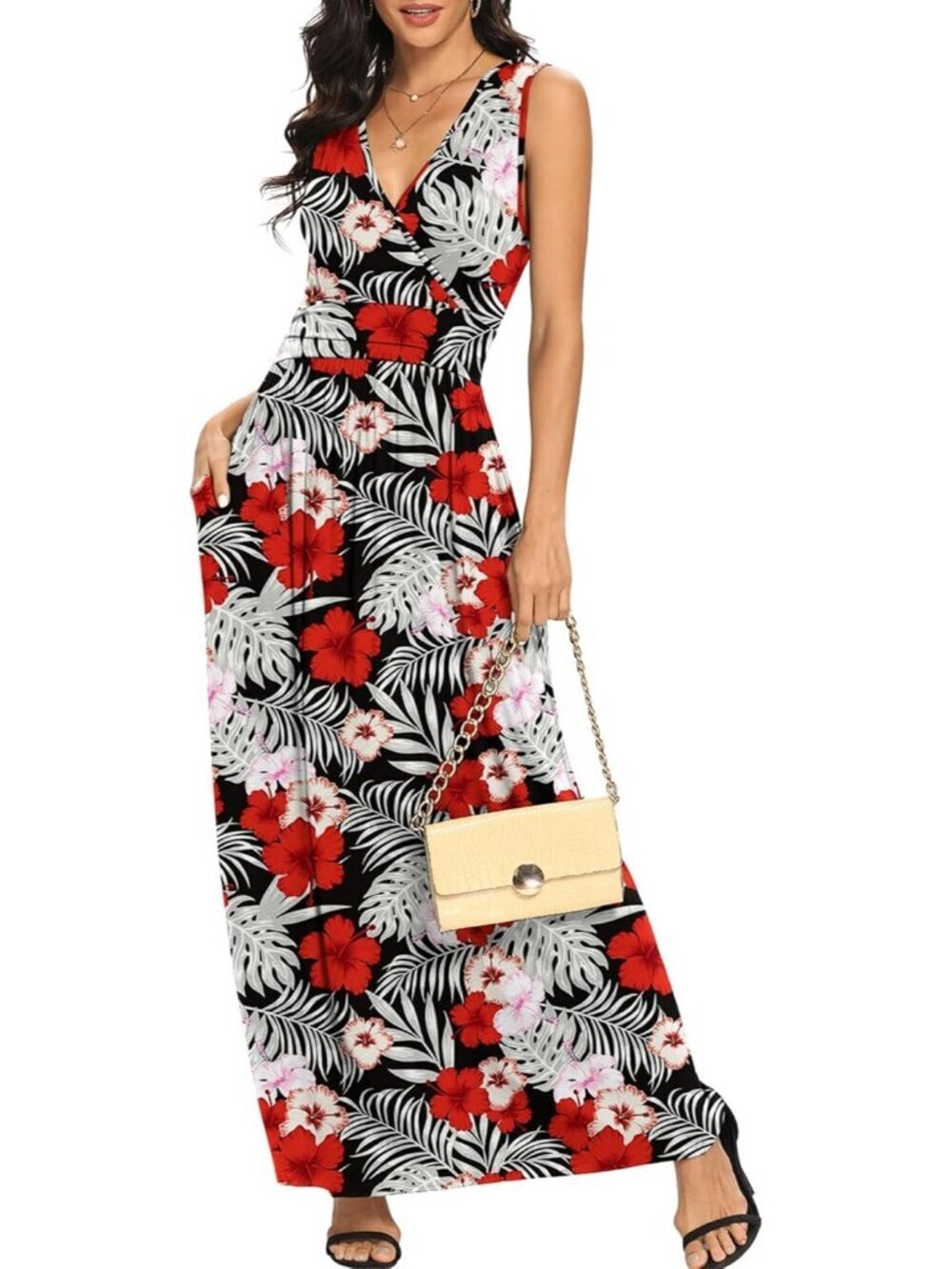 Lilbetter Women's Red White Leave Black Sleeveless Loose Plain Maxi Casual Dress